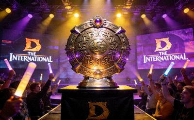 《DOTA2》国际邀请赛现场，巨大的冠军神盾奖杯